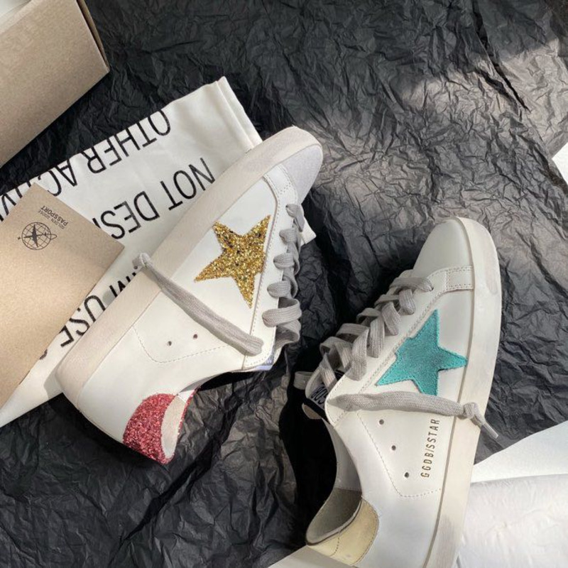 golden goose S*per-star sneakers with green and yellow suede star and golden heel tab