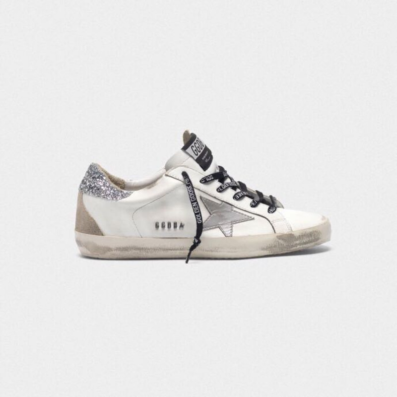 golden goose men’s S*per-star sneakers with suede star and sliver glitterheel tab