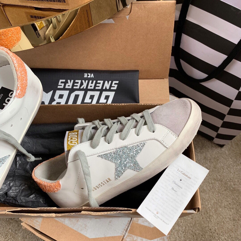 golden goose S*per-star sneakers with sliver glitter and orange heel tab