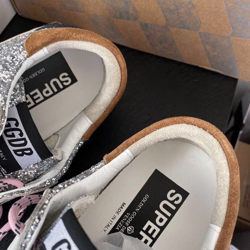 golden goose men’s S*per-star sneakers with sliver glitter and brown heel tab