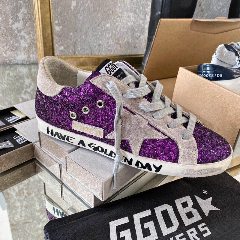 golden goose S*per-star sneakers with purple glitter and pink heel tab