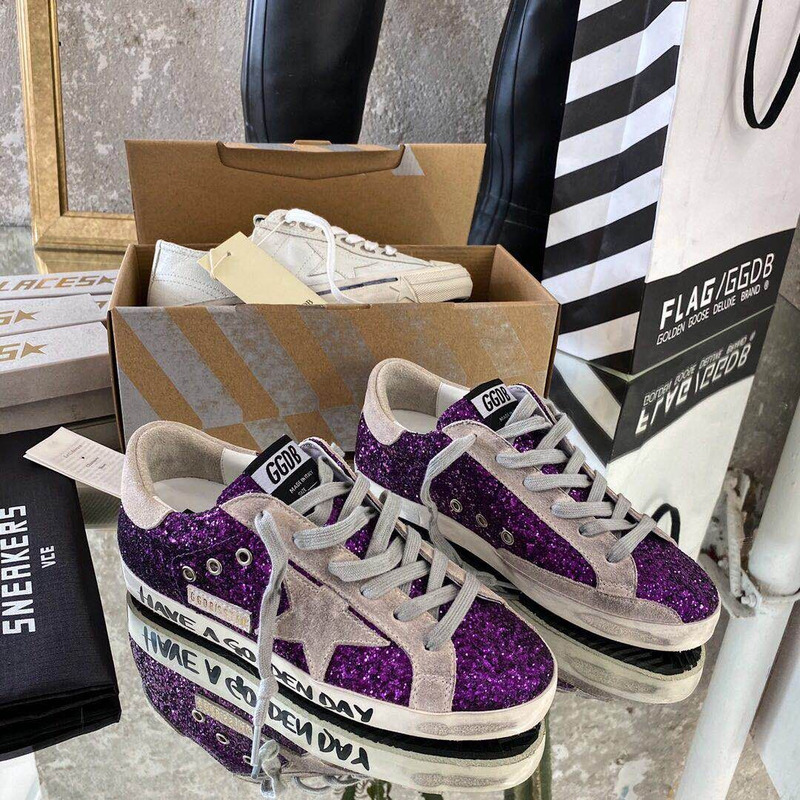 golden goose S*per-star sneakers with purple glitter and pink heel tab