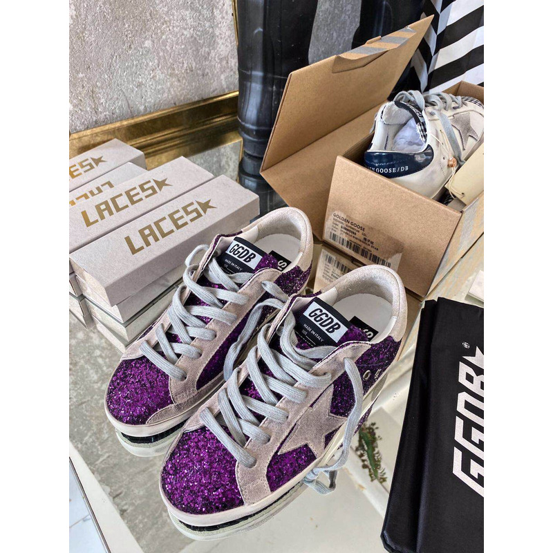 golden goose S*per-star sneakers with purple glitter and pink heel tab