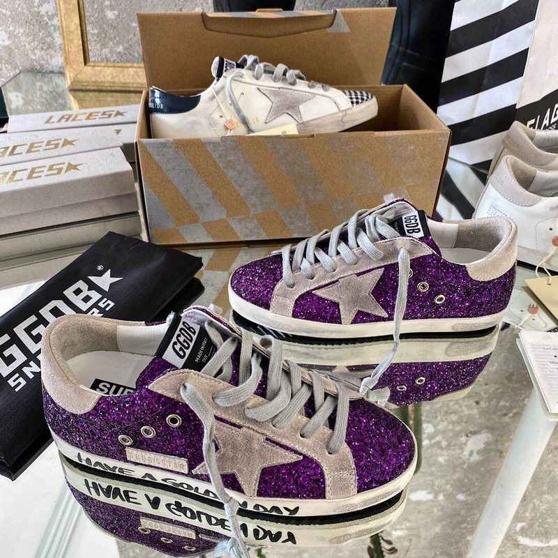 golden goose S*per-star sneakers with purple glitter and pink heel tab