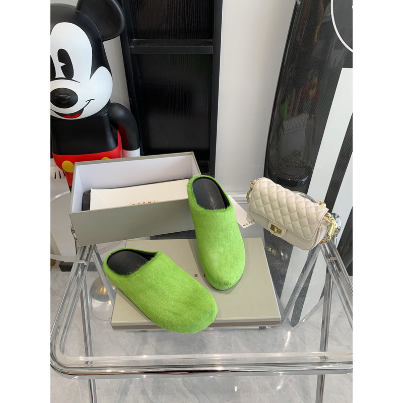 Marni Long Hair Calfskin Fussbett Sabot Green