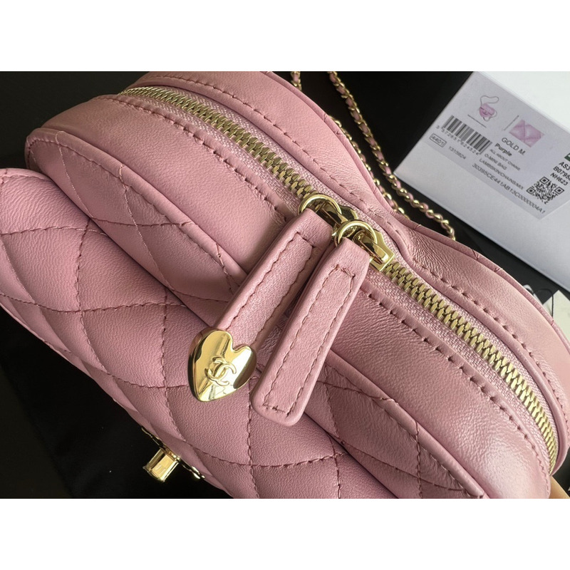 Ch*el heart bag sheepskin & gold-tone metal coral pink