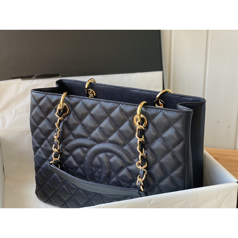 Ch*el pebbled leather gst totebag black gold