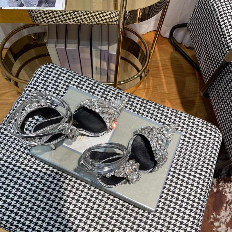 Tom Ford Mirror Leather And Crystal Stones Pointy Jewel Sandal Sliver