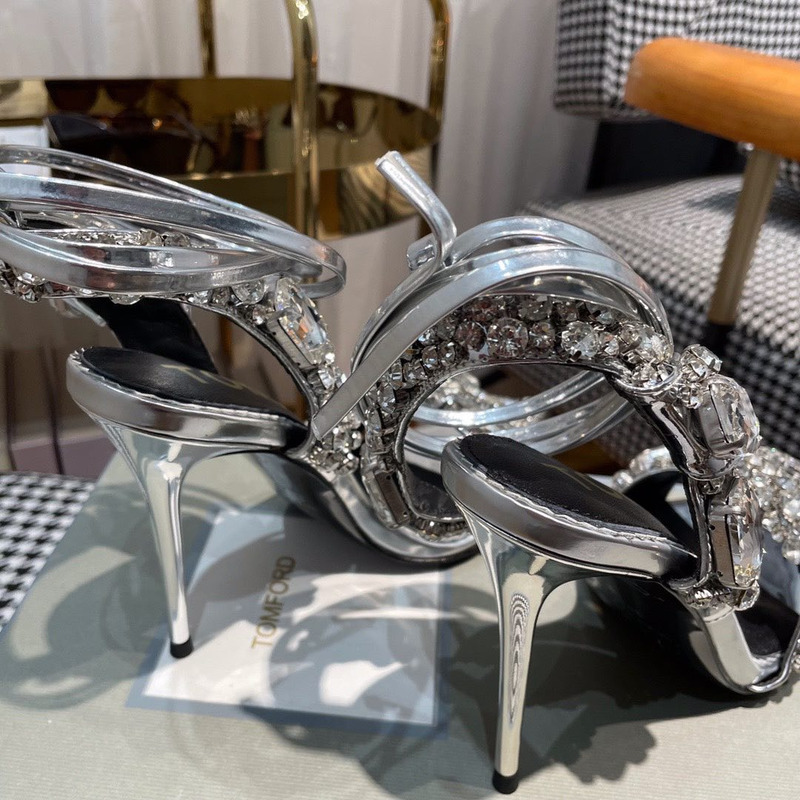 Tom Ford Mirror Leather And Crystal Stones Pointy Jewel Sandal Sliver