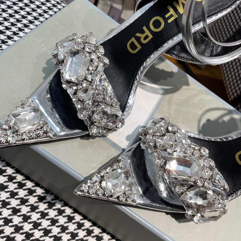 Tom Ford Mirror Leather And Crystal Stones Pointy Jewel Sandal Sliver