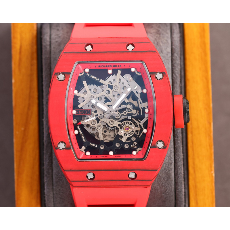 Richard Mille RM35 Men Mechanical Rubber Band Watch Red Strap&Red Case