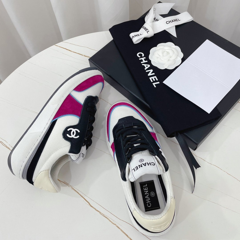 Ch*el fabric calf suede & caviar calf leather white dark pink & black