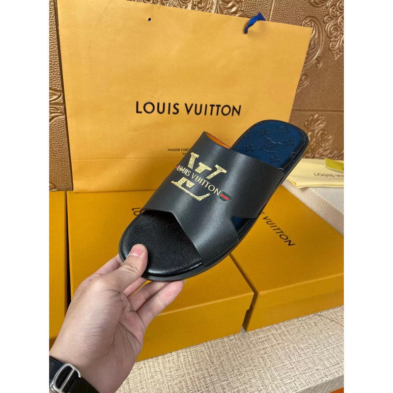 l**is V*t*n gold logo monogram mules black