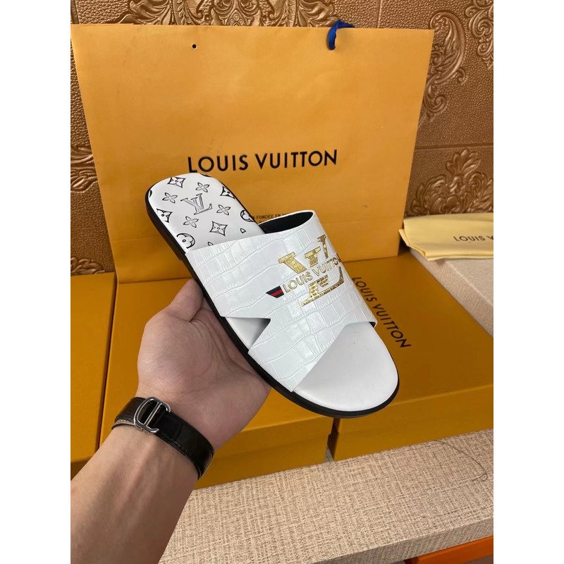 l**is V*t*n gold logo croc-embossed monogram mules white