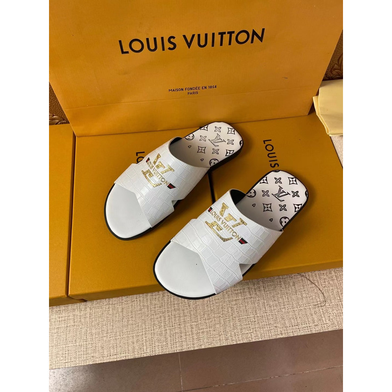l**is V*t*n gold logo croc-embossed monogram mules white
