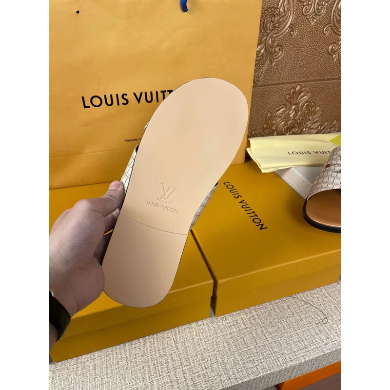 l**is V*t*n gold logo croc-embossed monogram mules white/brown