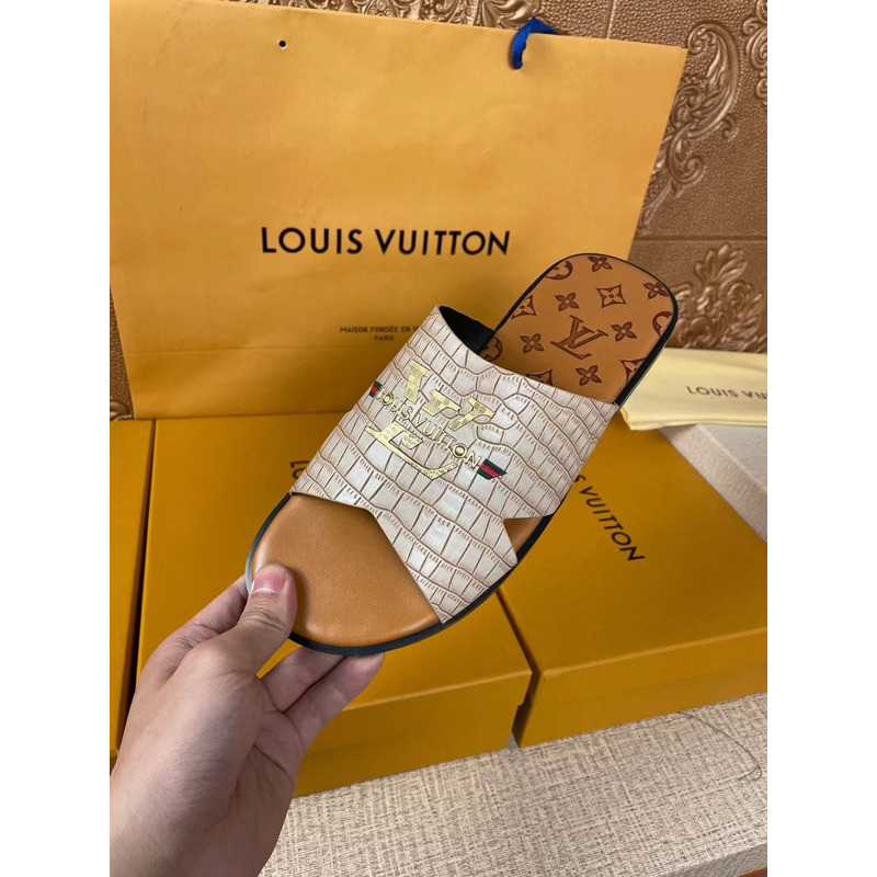l**is V*t*n gold logo croc-embossed monogram mules white/brown