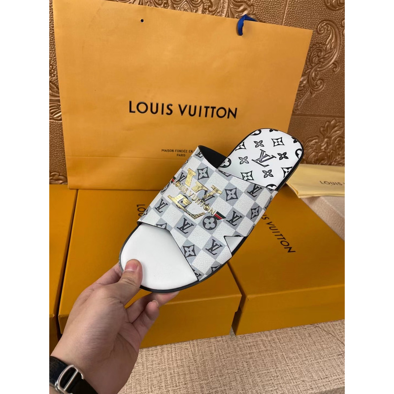 l**is V*t*n gold logo monogram mules white