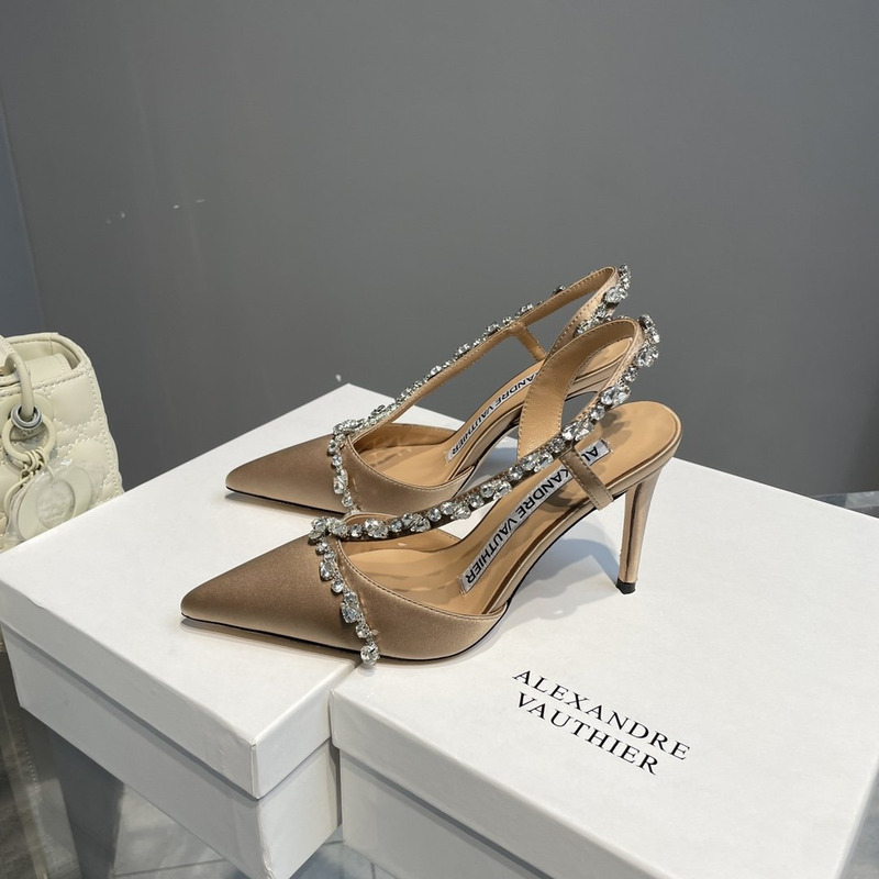 Alexandre Vauthier  Pointed Toe Rhinestone High Heels Stiletto Silk Sandals Champagne