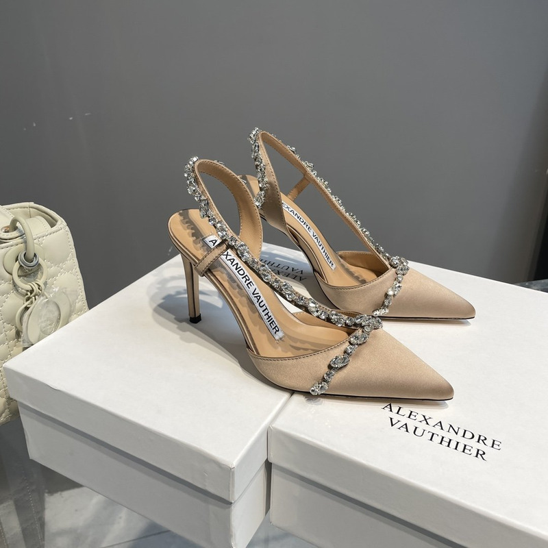 Alexandre Vauthier  Pointed Toe Rhinestone High Heels Stiletto Silk Sandals Champagne