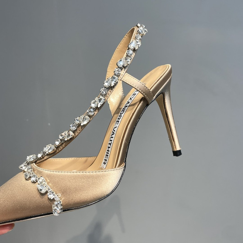 Alexandre Vauthier  Pointed Toe Rhinestone High Heels Stiletto Silk Sandals Champagne