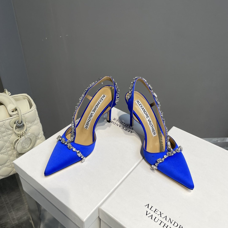 Alexandre Vauthier  Pointed Toe Rhinestone High Heels Stiletto Silk Sandals Blue