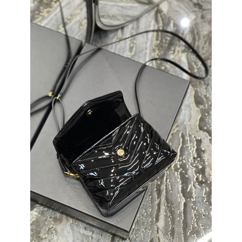 Saint Laurent Patent Leather Bag with Gold Buckle Black