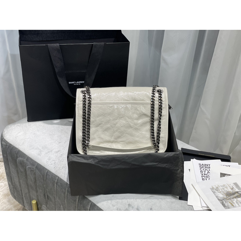 Saint Laurent Niki Baby Crocodile Print Shoulder Bag White