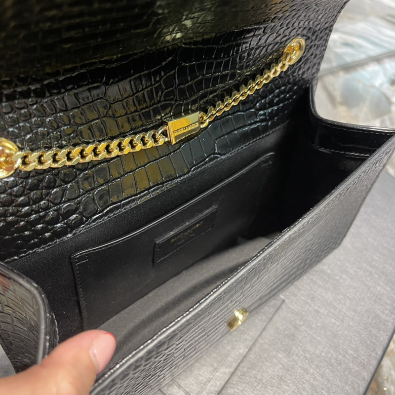 Saint Laurent Kate 24 Crocodile Gold Buckle Fringed Bag Black