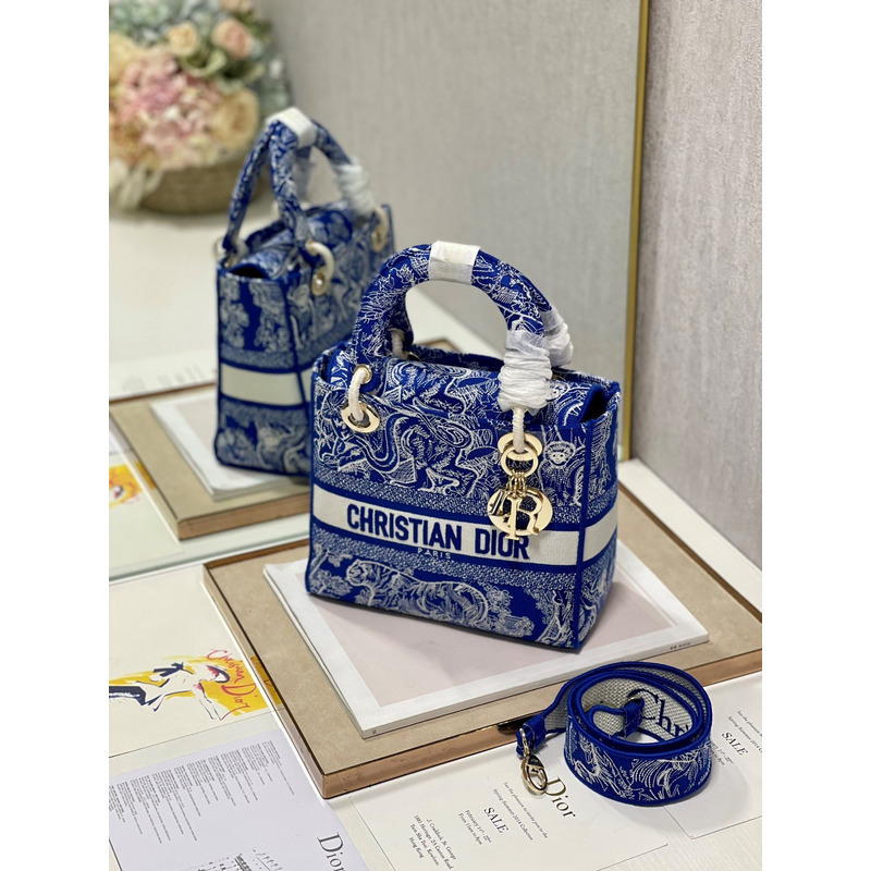 D*or medium lady d-lite print embroidered bag 24 x 20 x 11 cm navy blue