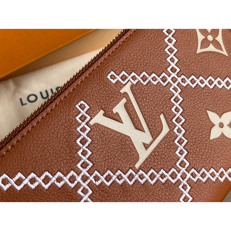 LV Embossed Pebbled Calfskin Small Embossed Single Zipper Wallet Brown