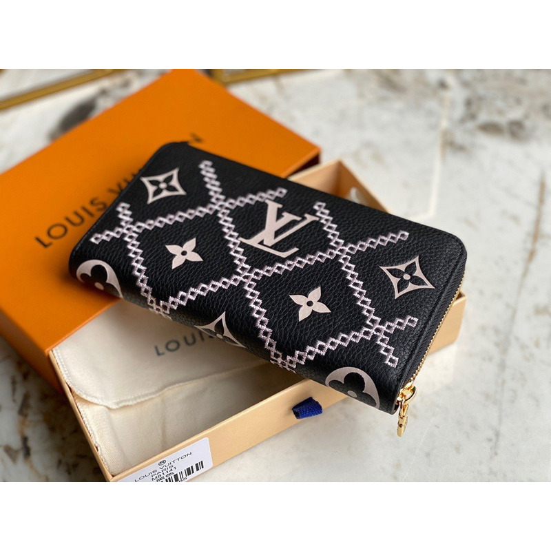 LV Embossed Pebbled Calfskin Small Embossed Single Zipper Wallet Black