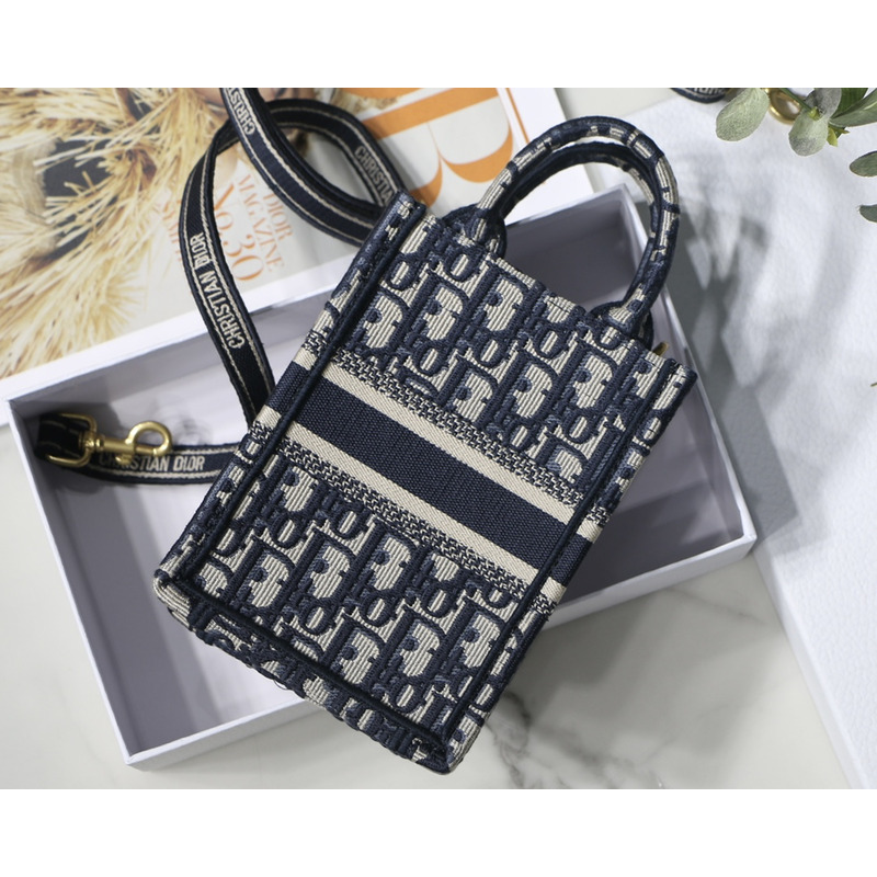 D*or book tote phone bag blue toile de jouy reverse embroidery mini