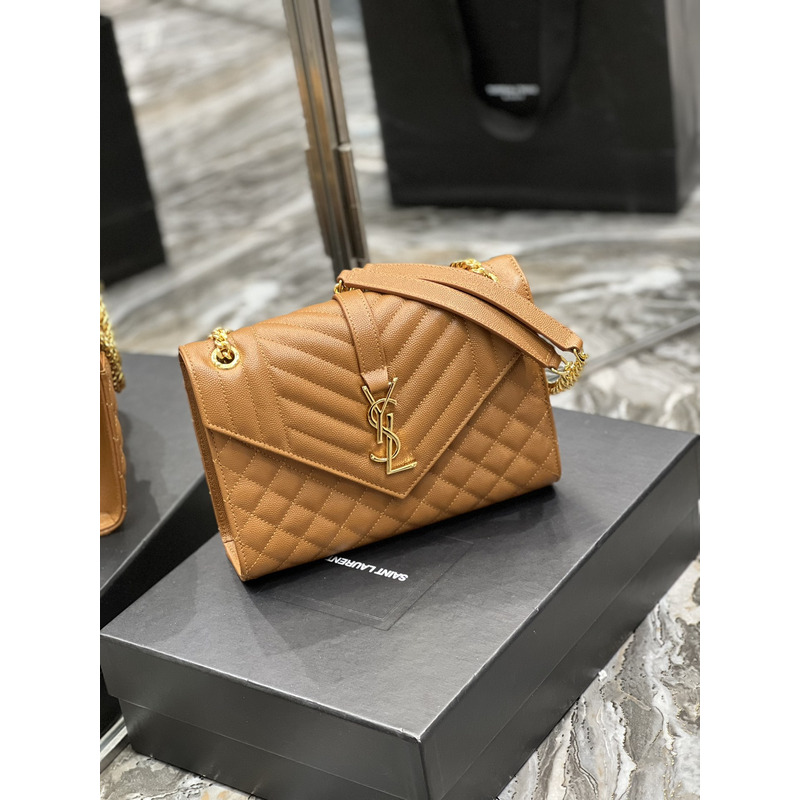 Saint Laurent Envelope Embossed Leather Shoulder Bag Medium Dark Natural