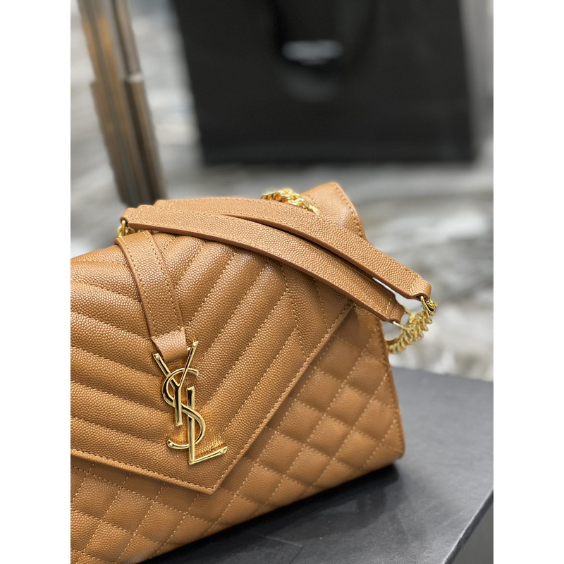 Saint Laurent Envelope Embossed Leather Shoulder Bag Medium Dark Natural