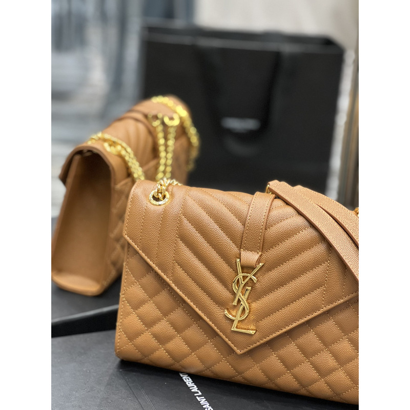 Saint Laurent Envelope Embossed Leather Shoulder Bag Medium Dark Natural