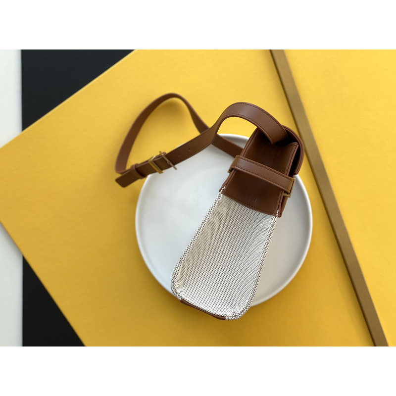 Saint Laurent MANHATTAN CANVAS AND LEATHER SHOULDER BAG Natural Beige and Brick