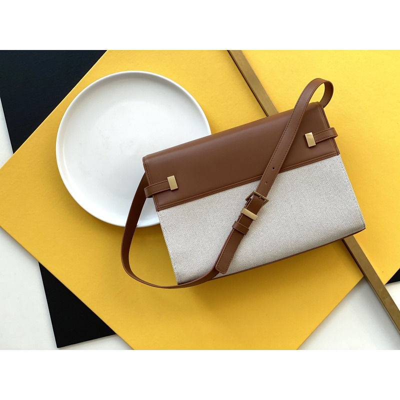 Saint Laurent MANHATTAN CANVAS AND LEATHER SHOULDER BAG Natural Beige and Brick