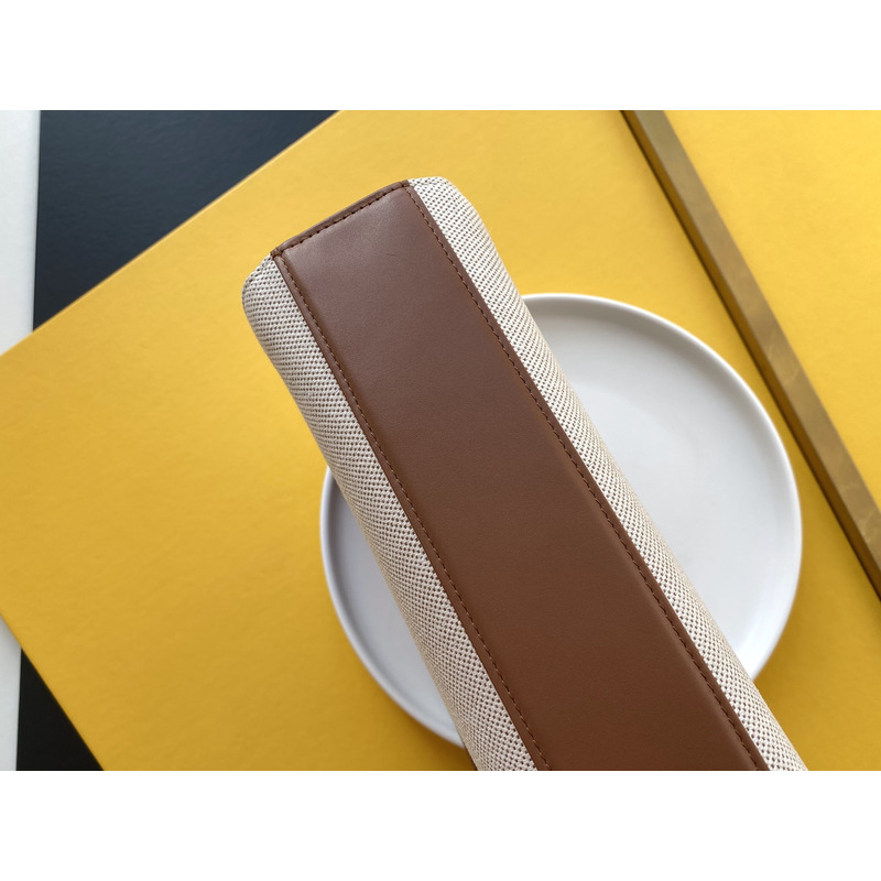 Saint Laurent MANHATTAN CANVAS AND LEATHER SHOULDER BAG Natural Beige and Brick