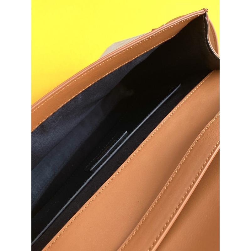 Saint Laurent MANHATTAN CANVAS AND LEATHER SHOULDER BAG Natural Beige and Brick