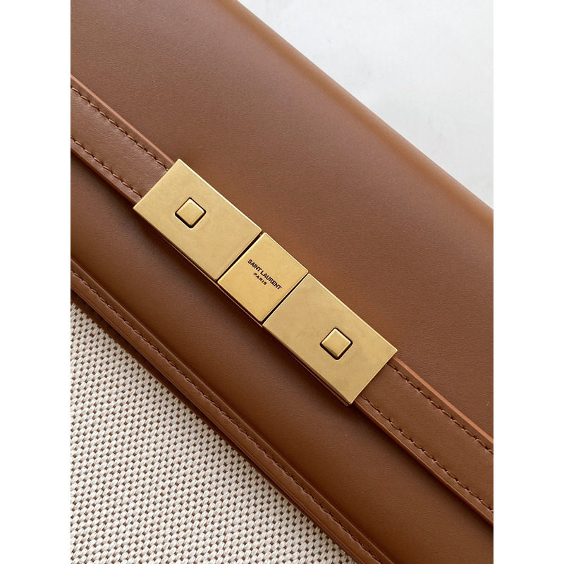 Saint Laurent MANHATTAN CANVAS AND LEATHER SHOULDER BAG Natural Beige and Brick