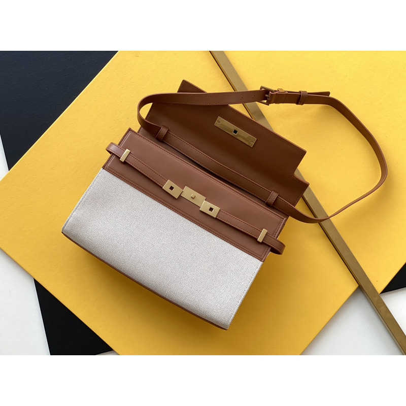 Saint Laurent MANHATTAN CANVAS AND LEATHER SHOULDER BAG Natural Beige and Brick