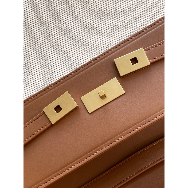 Saint Laurent MANHATTAN CANVAS AND LEATHER SHOULDER BAG Natural Beige and Brick