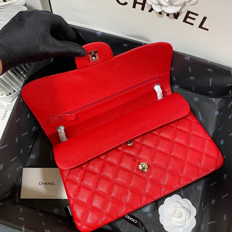 Ch*el cf1113 jumbo double flap grained calfskin red