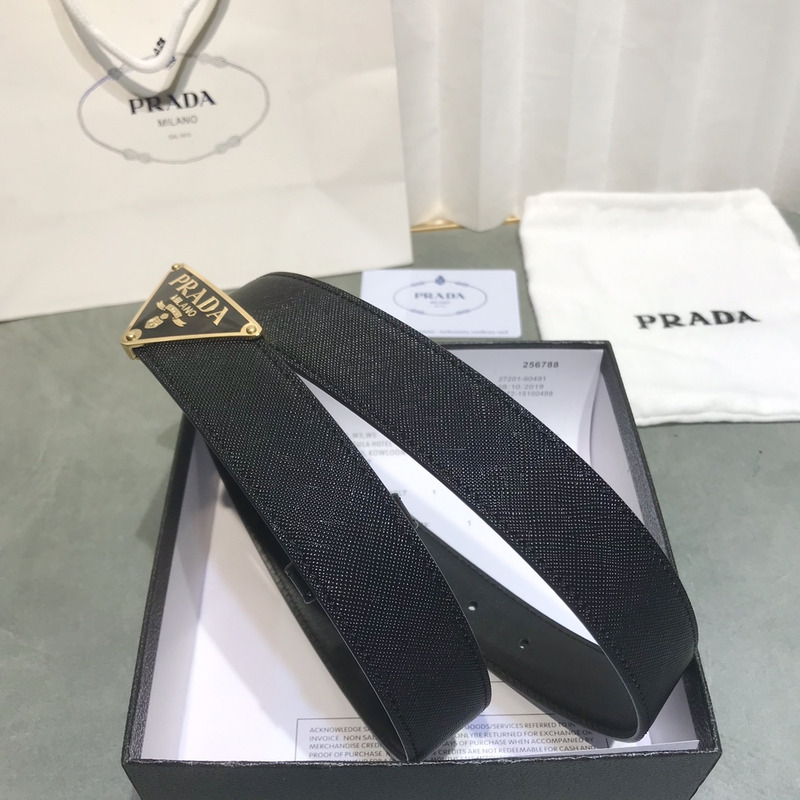 Pra*a saffiano leather belt black&glod