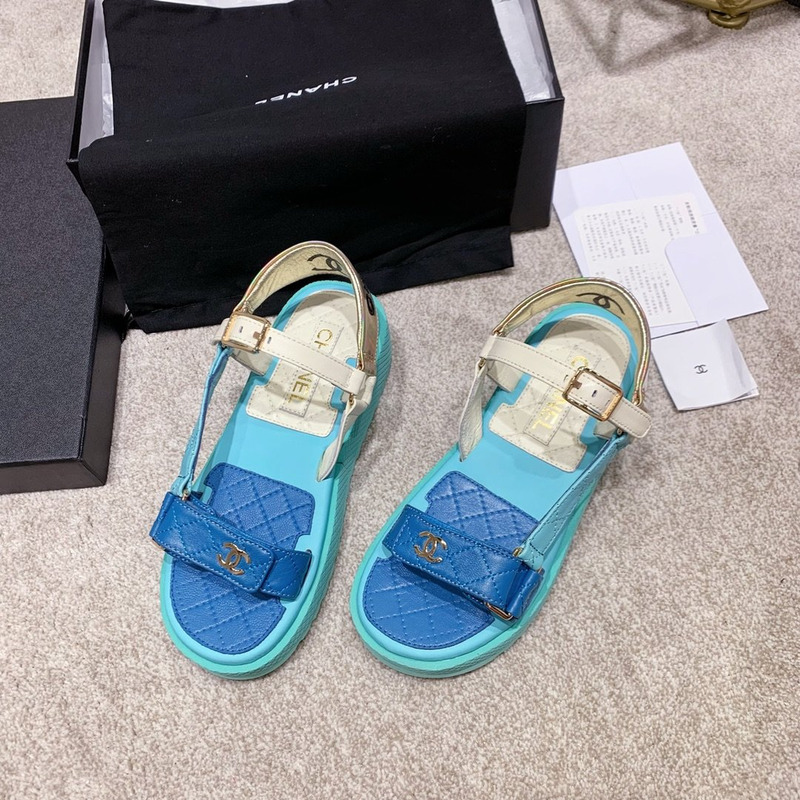 Ch*el open toe platform plain block heels blue/white