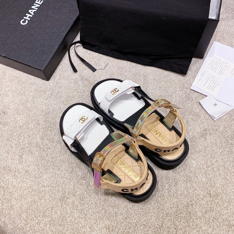 Ch*el open toe platform plain block heels white/brow