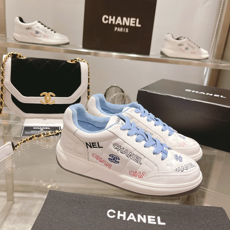 Ch*el logo embroidered sneakers white blue