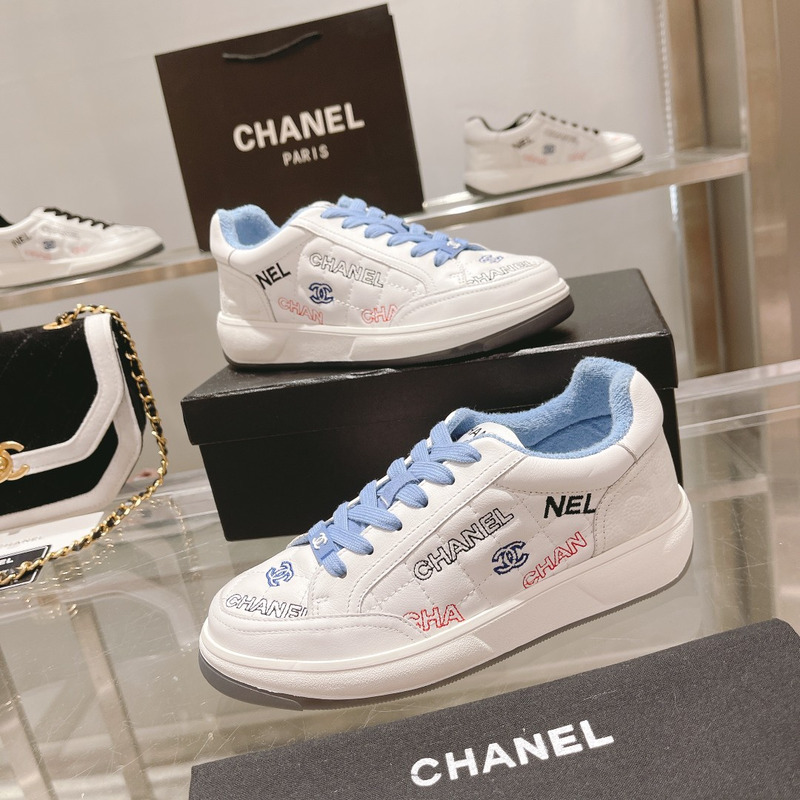 Ch*el logo embroidered sneakers white blue