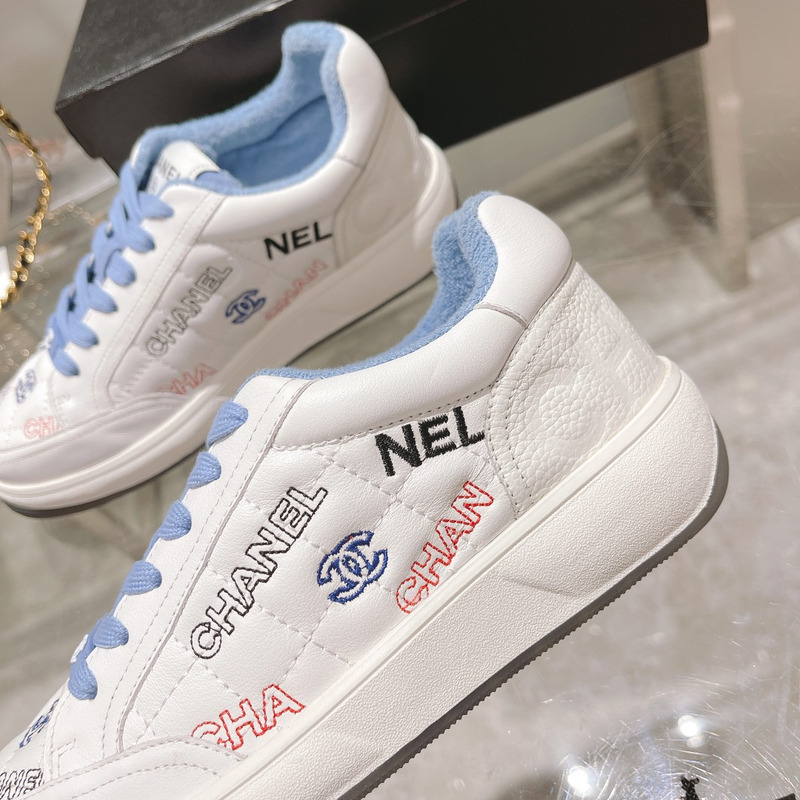 Ch*el logo embroidered sneakers white blue